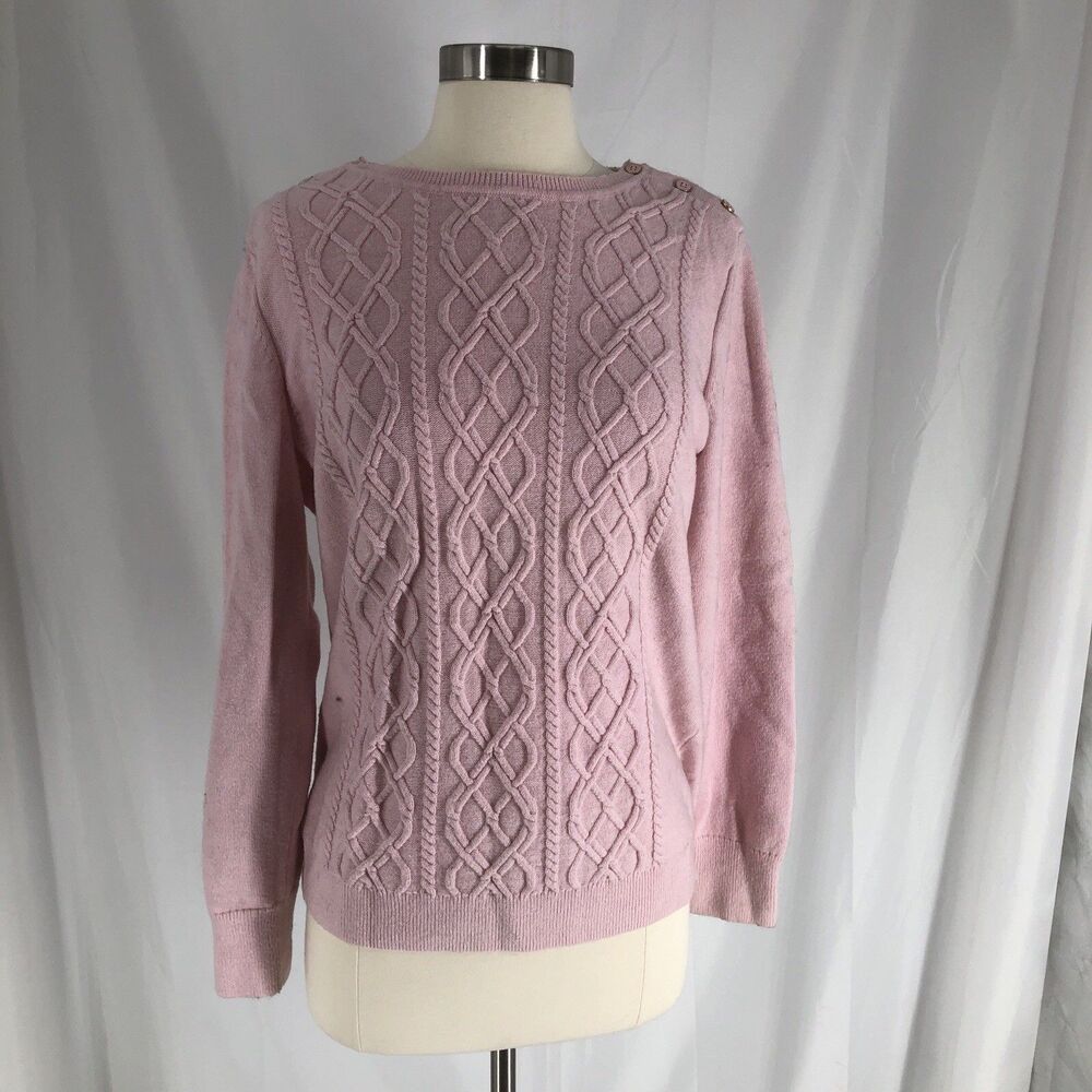 Talbots Cable Knit Sweater Womens Large Pink Cotton Blend Crew Preppy Career